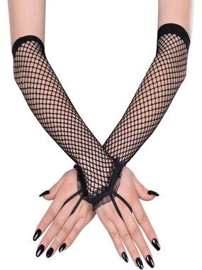 Women's Black Long Fishnet Fingerless Mesh Ruffle Trim Gothic Party Gloves